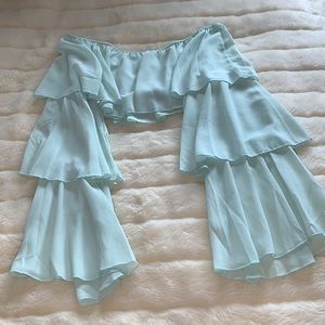 Shein layered chiffon ruffles bell sleeve tube bare shoulder top m